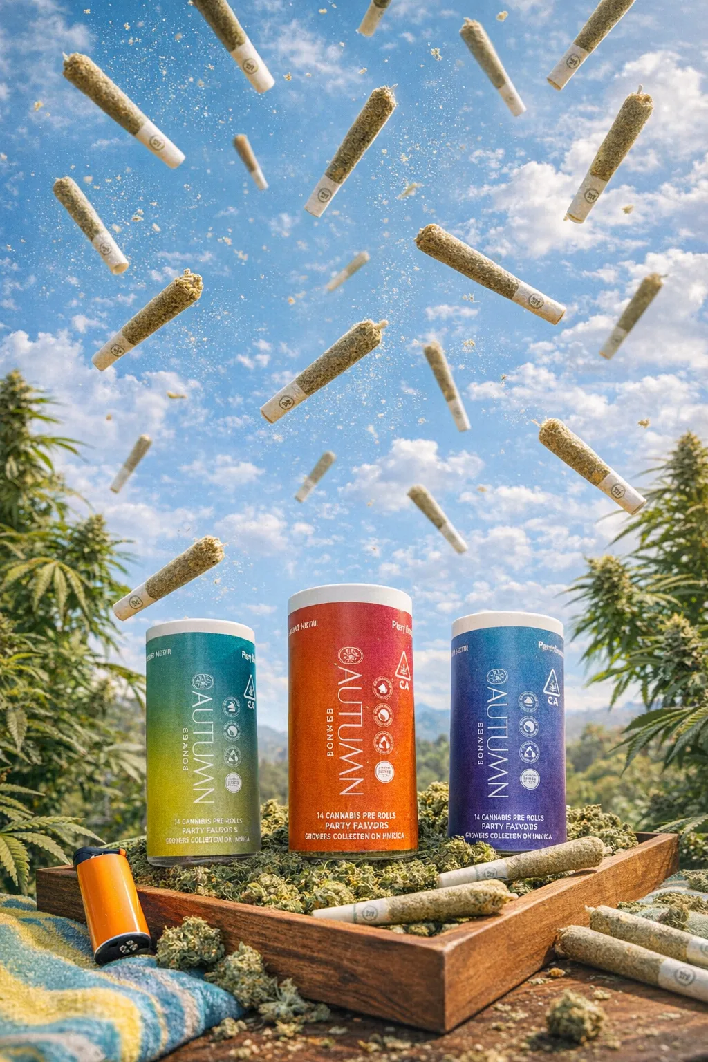 Autumn Brands 14-pack pre-rolls displayed outdoors on a wooden tray filled with cannabis flower, with multiple pre-rolled joints falling from a bright blue sky above. Three colorful cylindrical containers (green, red, and blue) sit in front of lush cannabis plants, highlighting zero pesticide, full flower cannabis grown in California.